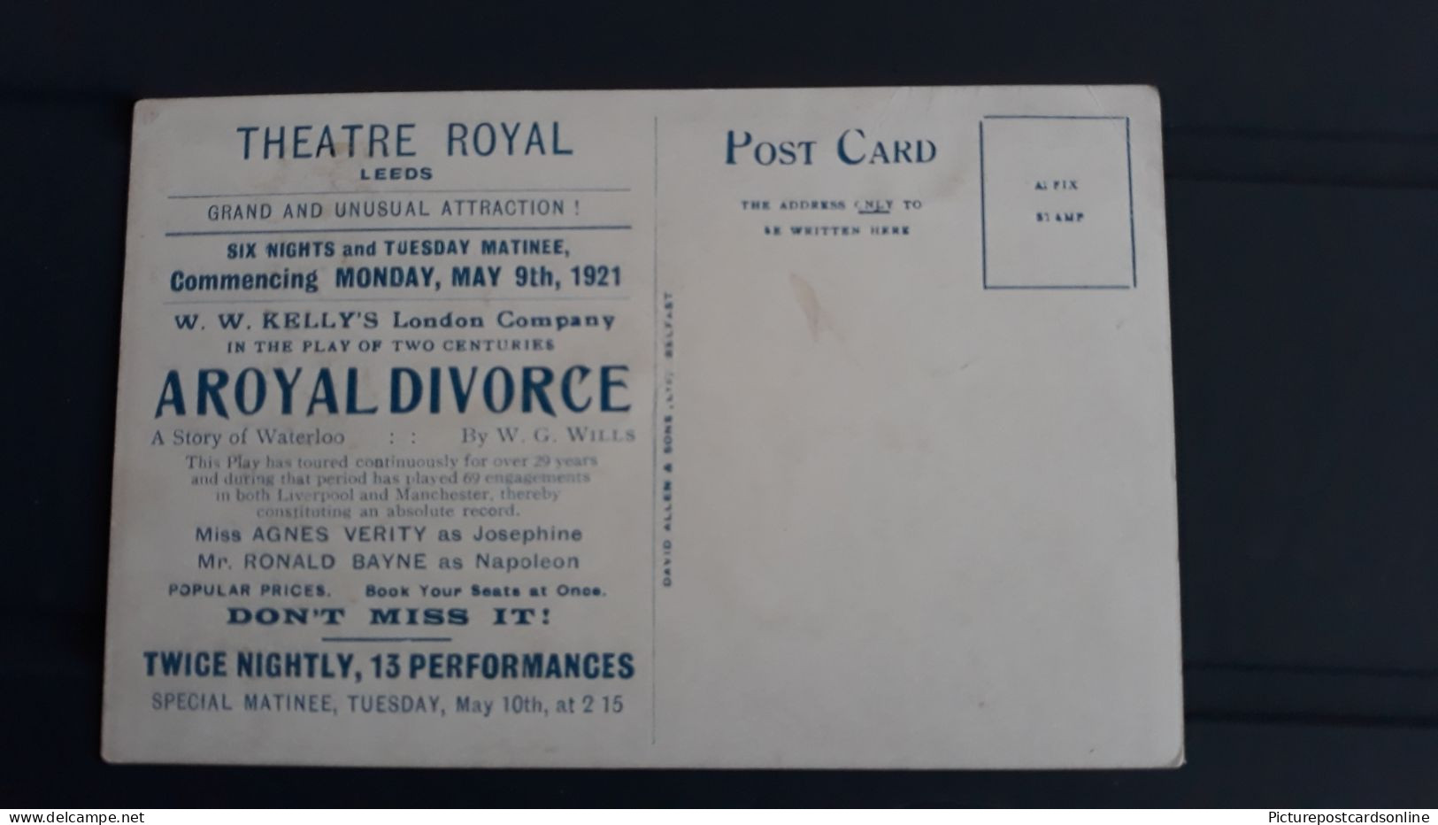 THEATRE ROYAL LEEDS OLD COLOUR ADVERTISING POSTCARD YORKSHIRE A ROYAL DIVORCE STORY OF WATERLOO BY W.G. WILLS - Leeds