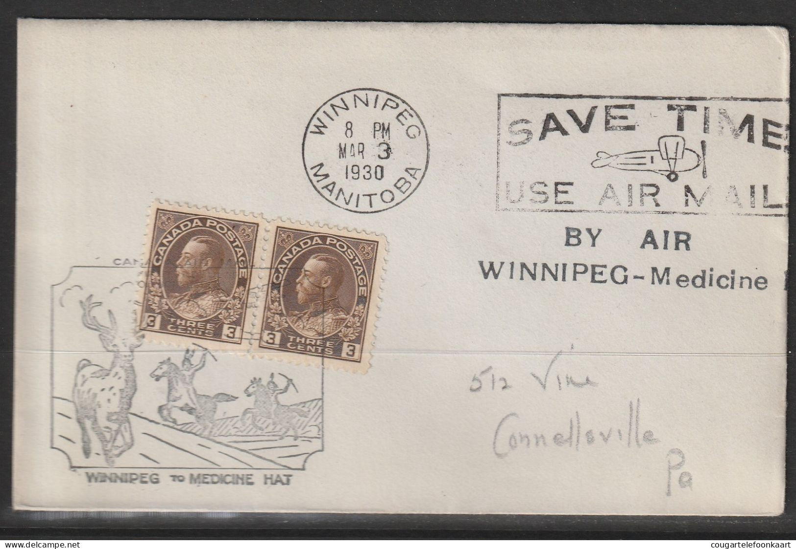 1930, First Flight Cover, Wiinipeg-Medicine Hat - Erst- U. Sonderflugbriefe