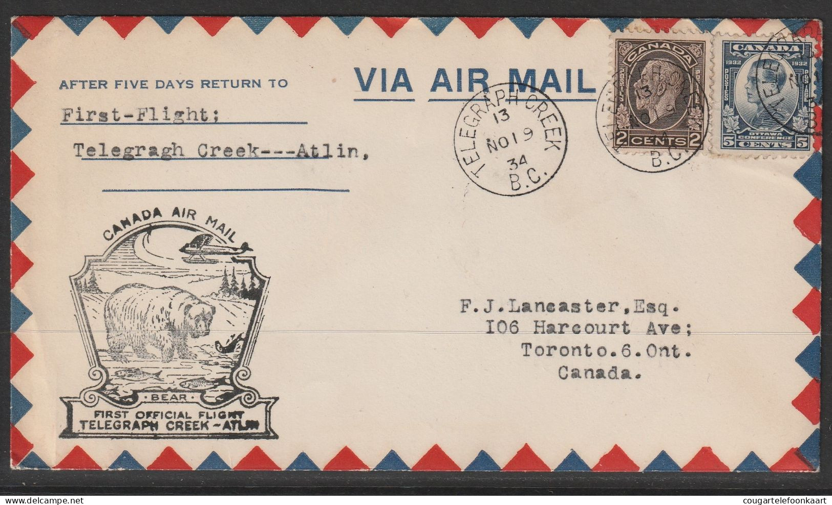 1934, First Flight Cover, Telegraph Creek-Atlin - Primi Voli