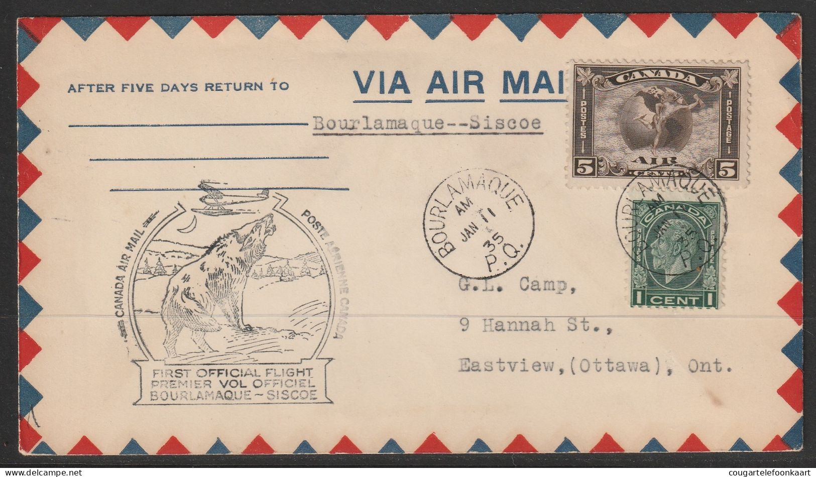 1935, First Flight Cover, Bourlamaque-Siscoe - First Flight Covers