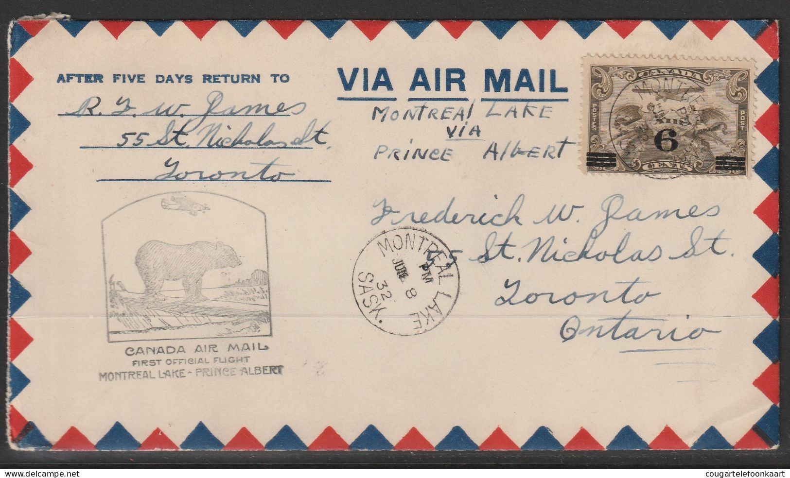 1932, First Flight Cover, Montreal Lake-Prince Albert - Primi Voli