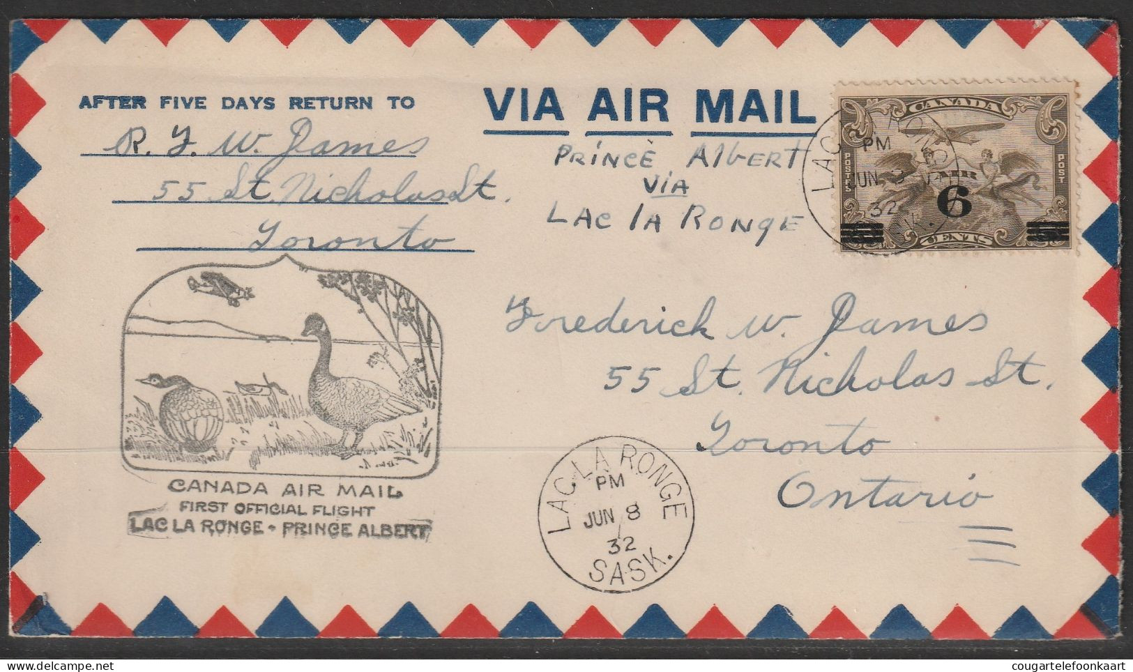 1932, First Flight Cover, Lacla Ronge-Prince Albert - Primi Voli