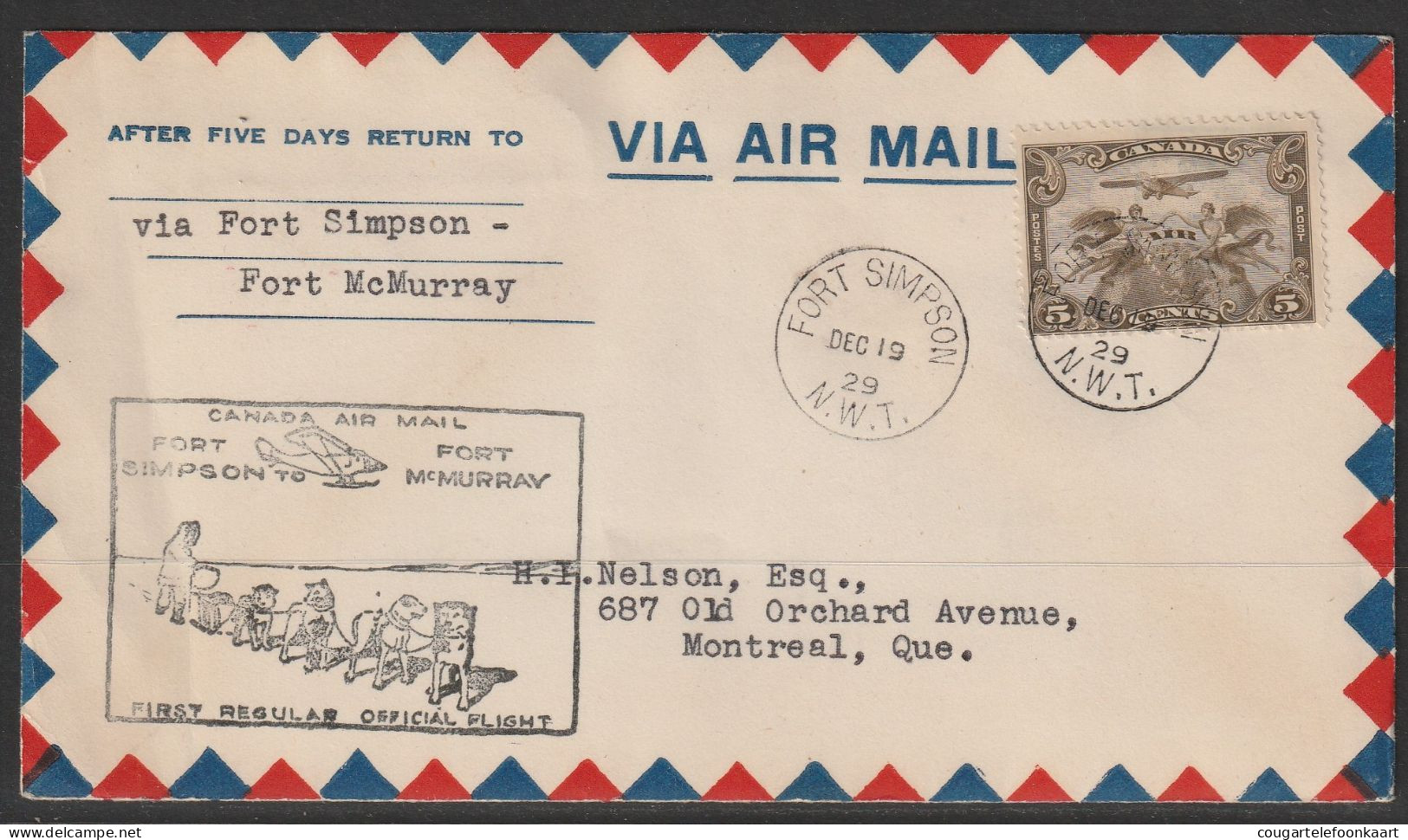1929, First Flight Cover, Fort Simpson-Fort Murray - Erst- U. Sonderflugbriefe