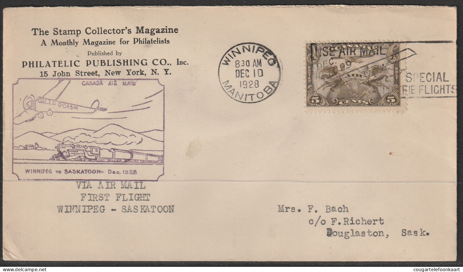 1928, First Flight Cover, Winnipeg-Saskatoon - Premiers Vols