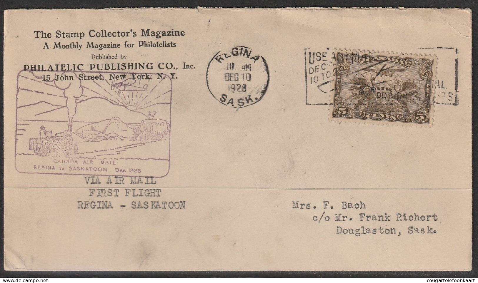 1928, First Flight Cover, Regina-Saskatoon - Primi Voli