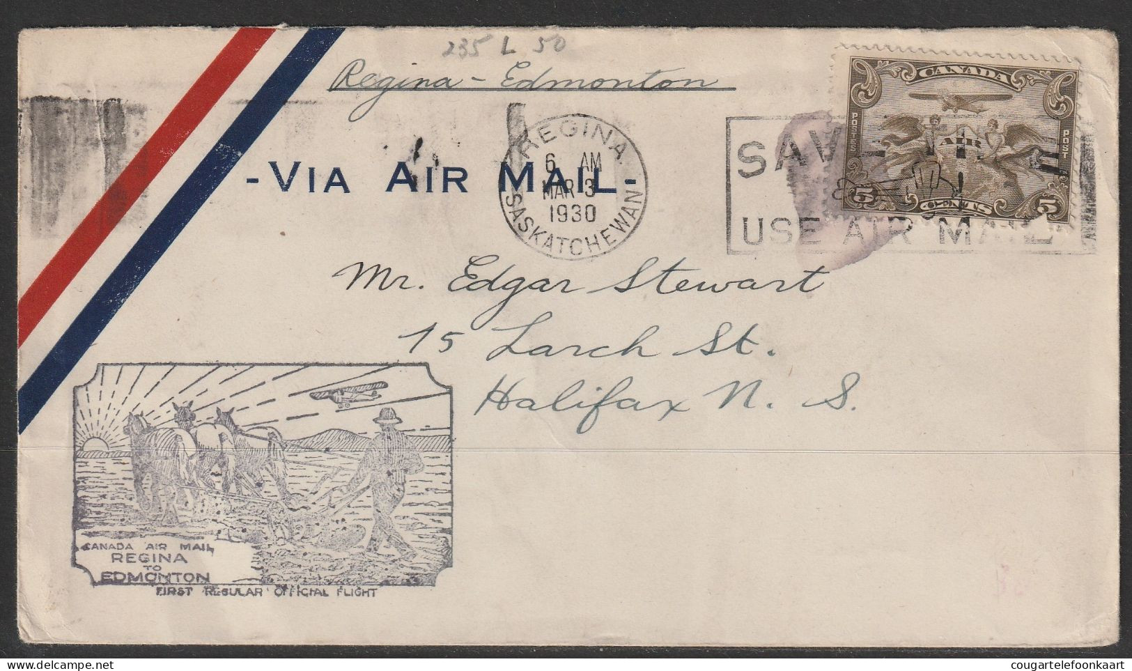 1930, First Flight Cover, Regina-Edmonton - Eerste Vluchten