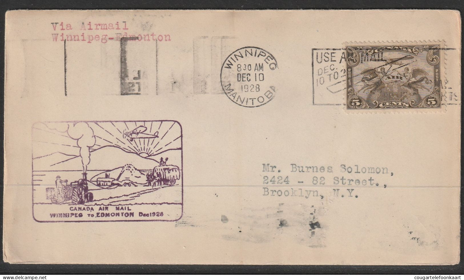 1928, First Flight Cover, Winnipeg-Edmonton - Primeros Vuelos