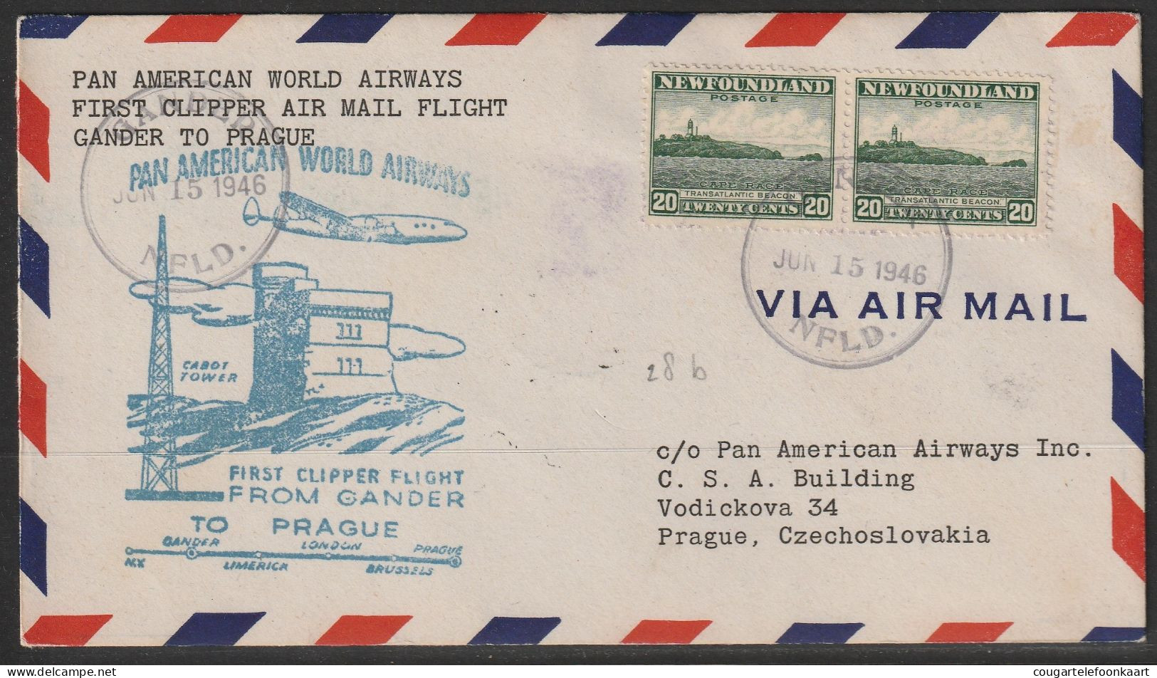 1946, Panam, First Flight Cover, Gander-Prague - Autres & Non Classés