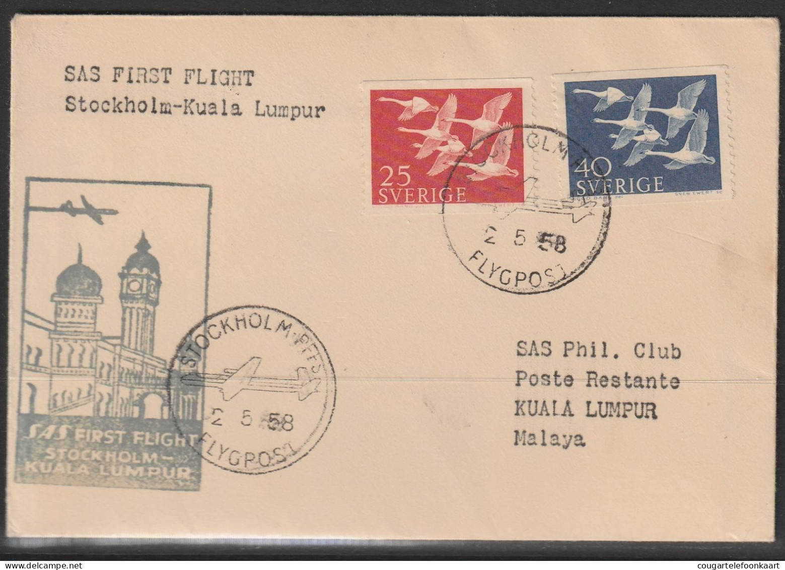 1958, SAS, First Flight Cover, Stockholm-Kuala Lumpur - Altri & Non Classificati