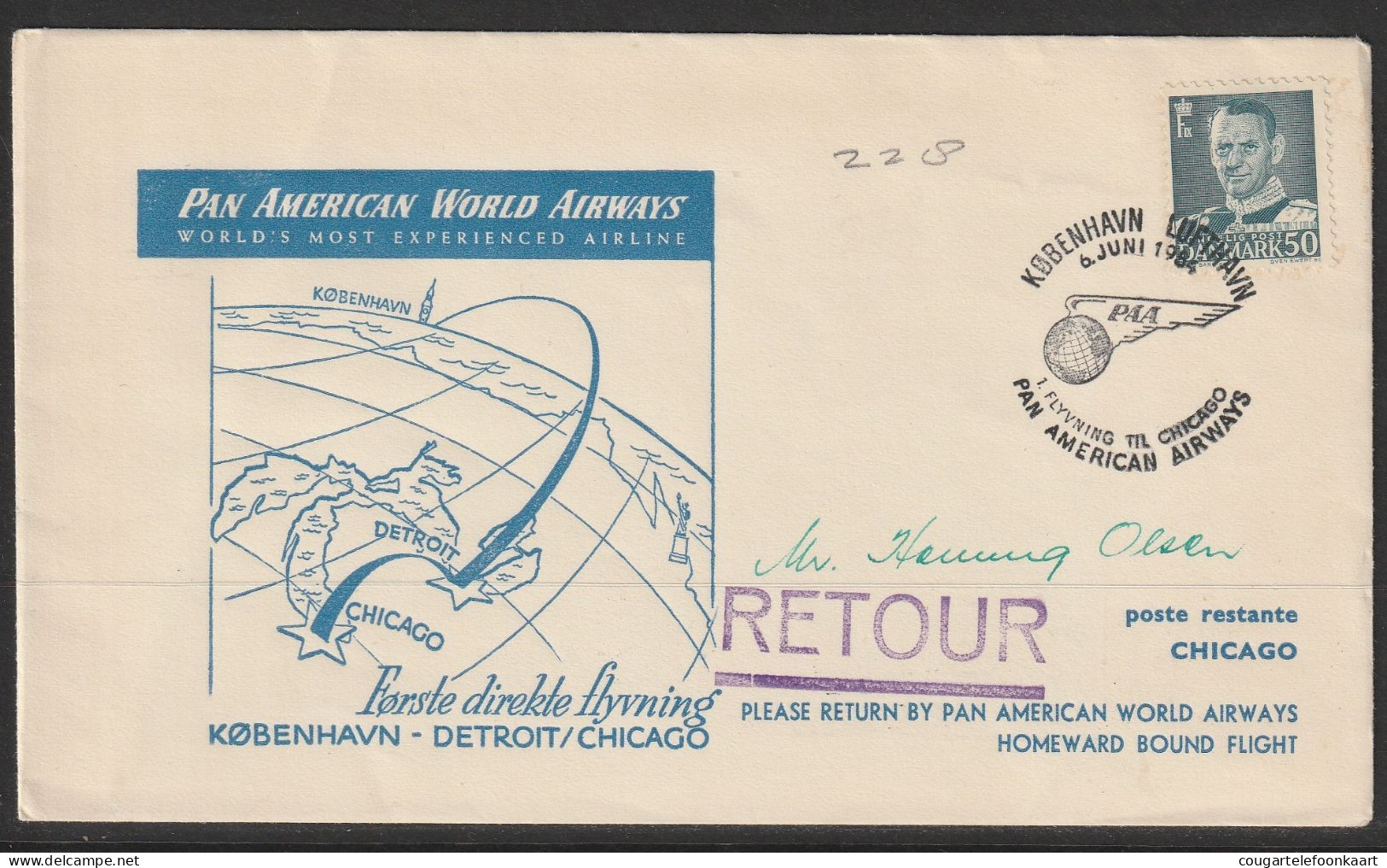 1954, PAA, First Flight Cover, Kobenhavn-Chicago - Airmail