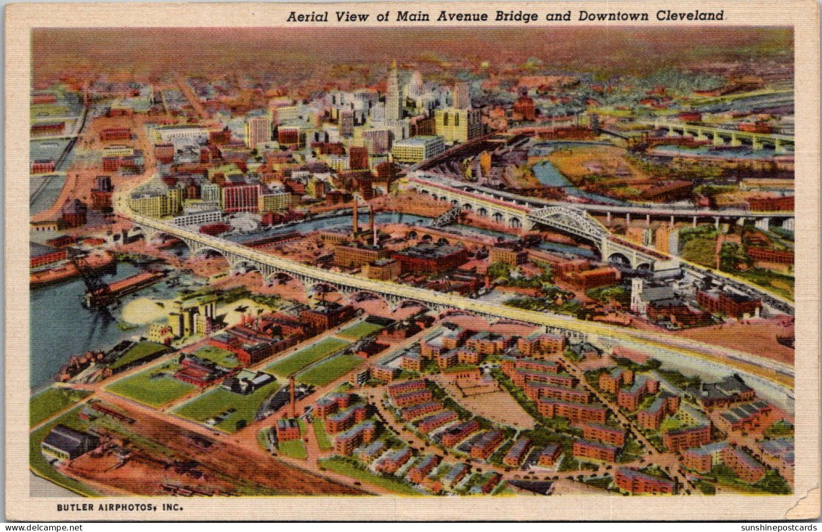 Ohio Cleveland Aerial View Of Main Avenue Bridge And Downtown Curteich - Cleveland
