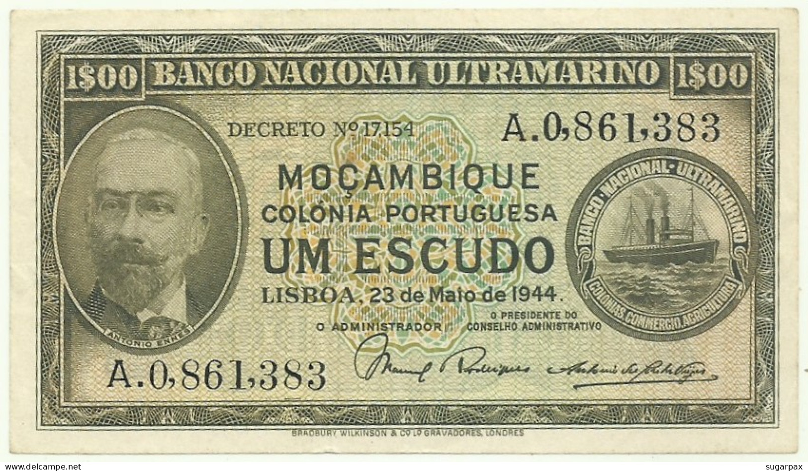 MOZAMBIQUE - 1$00 - 1 ESCUDO - 23.05.1944 - P 92 - Seal Type III - ANTONIO ENNES - PORTUGAL - Moçambique