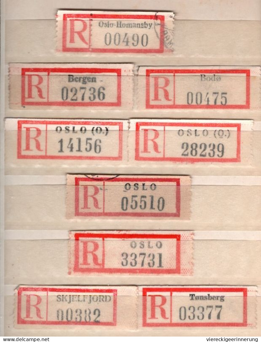 ! Steckkarte Mit 84 R-Zetteln Aus Norwegen, Norway, U.a. Oslo, Einschreibzettel, Reco Label - Verzamelingen