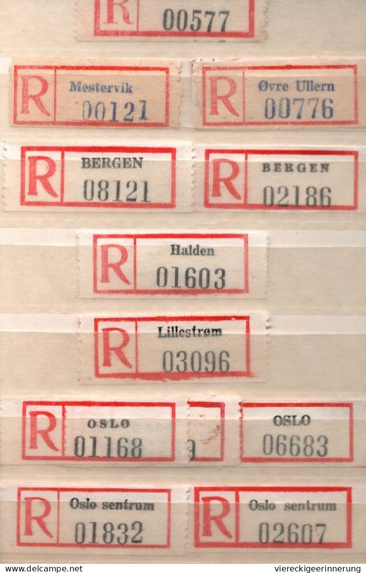 ! Steckkarte Mit 84 R-Zetteln Aus Norwegen, Norway, U.a. Oslo, Einschreibzettel, Reco Label - Verzamelingen