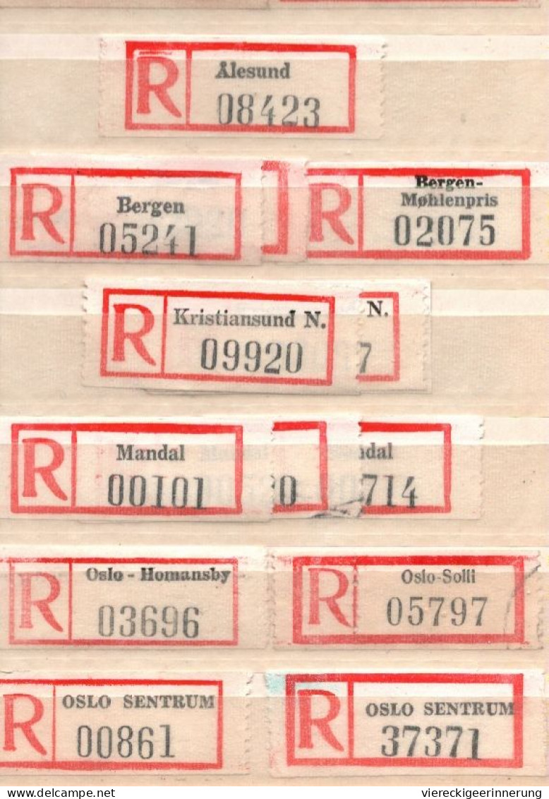 ! Steckkarte Mit 84 R-Zetteln Aus Norwegen, Norway, U.a. Oslo, Einschreibzettel, Reco Label - Verzamelingen