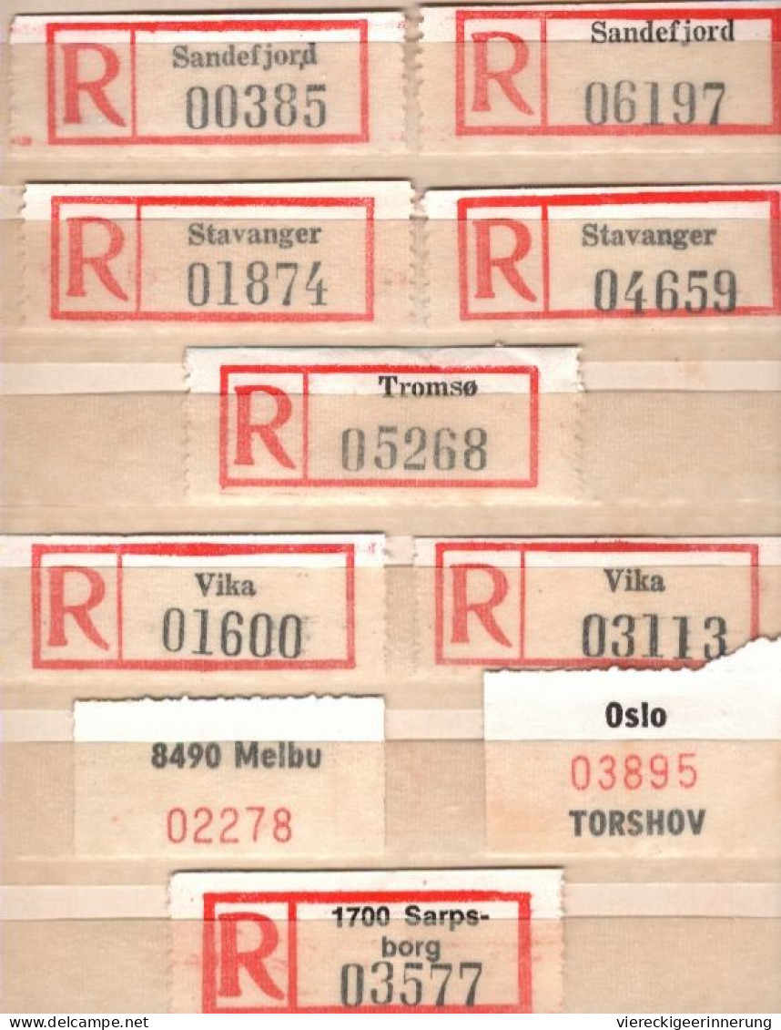 ! Steckkarte Mit 84 R-Zetteln Aus Norwegen, Norway, U.a. Oslo, Einschreibzettel, Reco Label - Collections