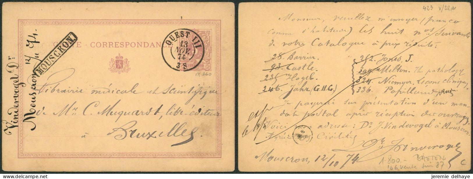 EP Au Type 5ctm Mauve Obl Double Cercle Ambulant "Ouest III" (1872) + Griffe Encadrée MOUSCRON > Bruxelles - Bahnpoststempel