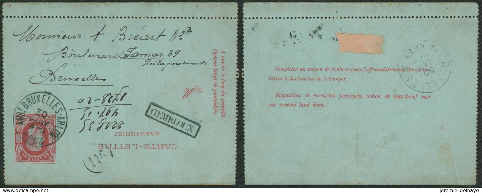 EP Au Type CL 10ctm Rouge Obl Ambulant "Ambt-Bruxelles-Arlon" (1883, Indice F !) + Griffe Encadrée GEMBLOUX >.. RRR ! - Bahnpoststempel