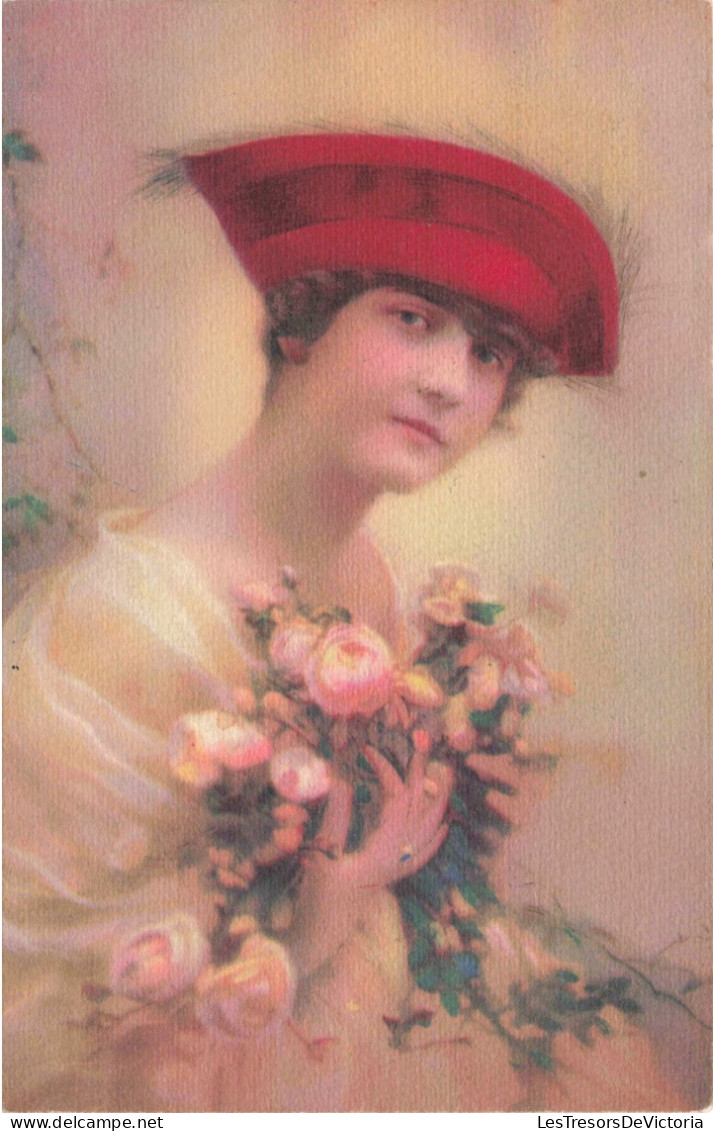 Illustrateur - Femme Au Chapeau Rouge Avec Des Fleurs Dans Les Mains - Carte Postale Ancienne - Non Classés