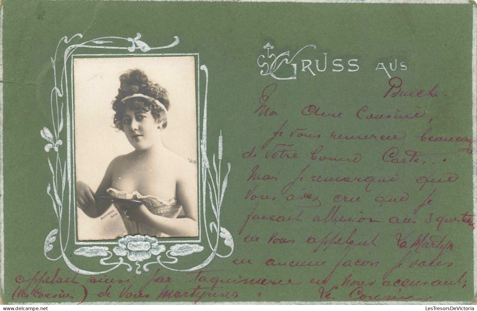 Illustrateur - Femme En Bustier Dans Médaillon Rectangulaire Fleuri - Carte Postale Ancienne - Other & Unclassified
