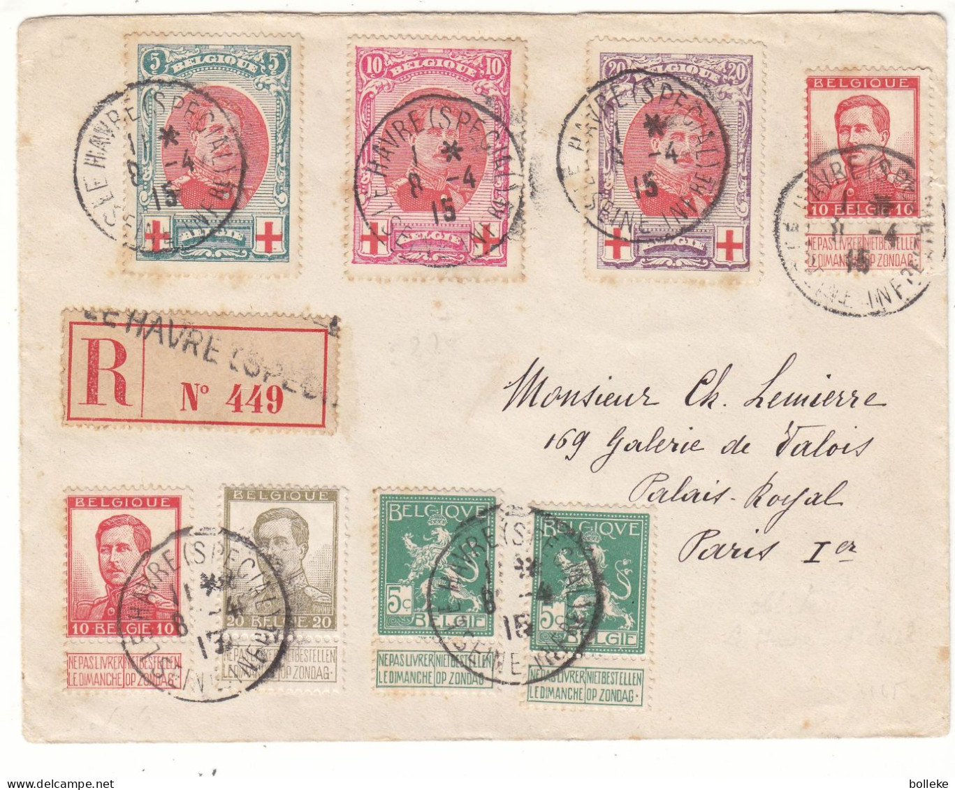 Croix Rouge - Belgique - Lettre Recom De 1915 - Oblit Le Havre Spécial - Exp Vers Paris 8 - Valeur 165 € ++ - 1918 Rotes Kreuz