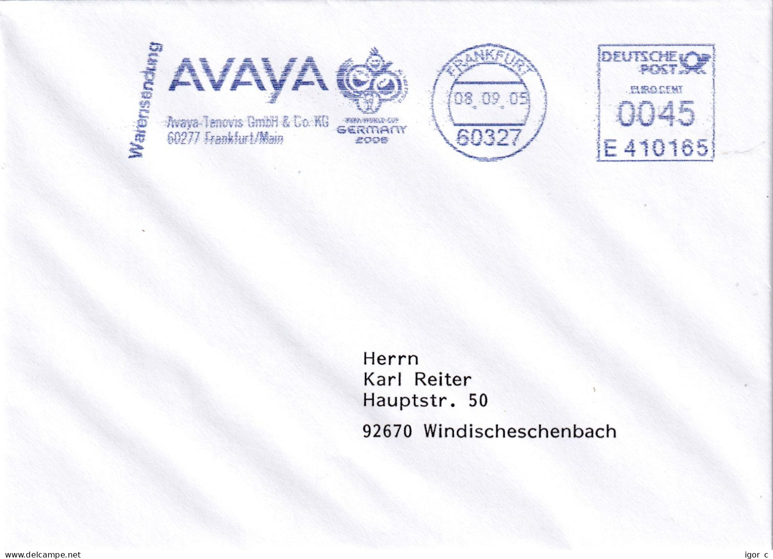 Germany 2006 Cover: Football Fussball Calcio: FIFA World Cup 2006 AVAYA Frankfurt WARENSENDUNG Meter EMA Freistempel - 2006 – Germany