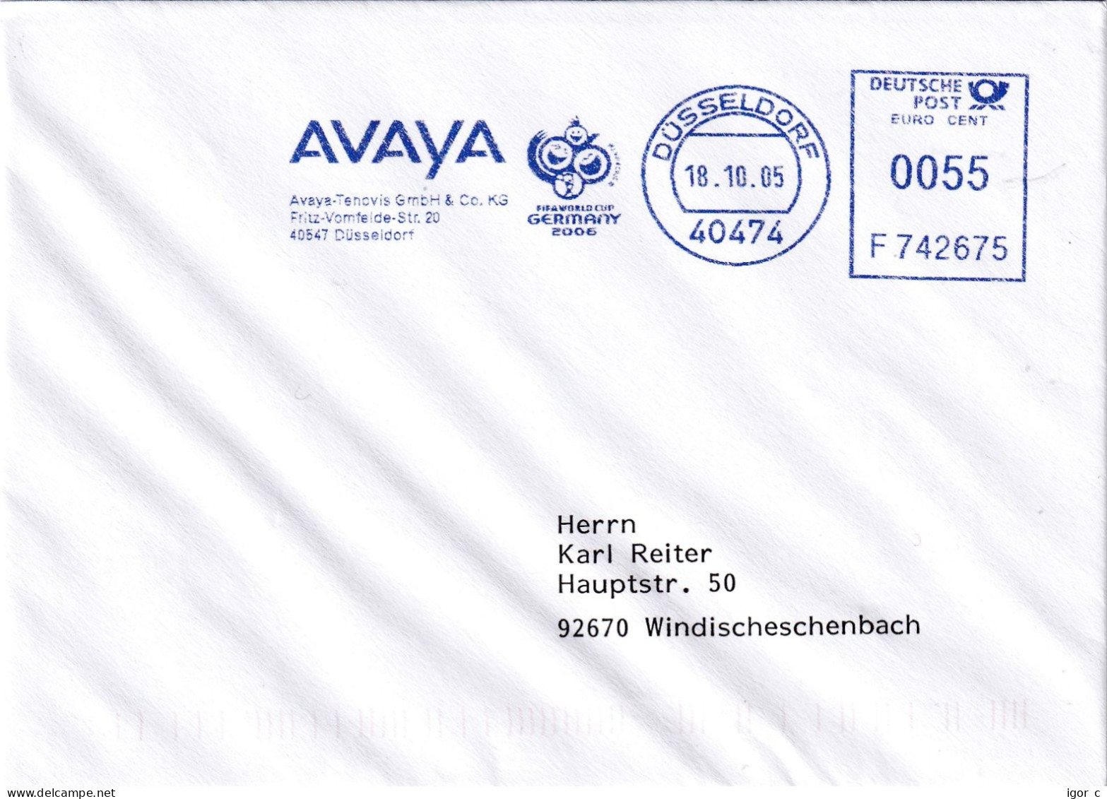 Germany 2005 Cover: Football Fussball Calcio Soccer: FIFA World Cup 2006 AVAYA  DÜSSELDORF Meter EMA Freistempel - 2006 – Germany