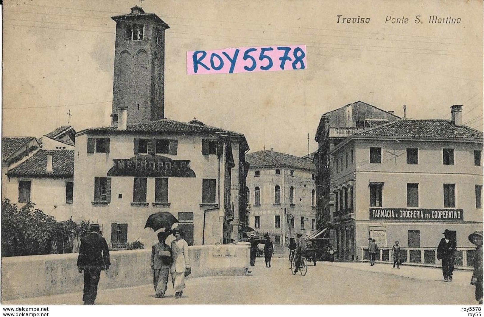 Veneto-treviso Citta'ponte S.martino Veduta Persone Sul Ponte Farmacia Drogheria Bella Animatissima Primi 900 - Treviso