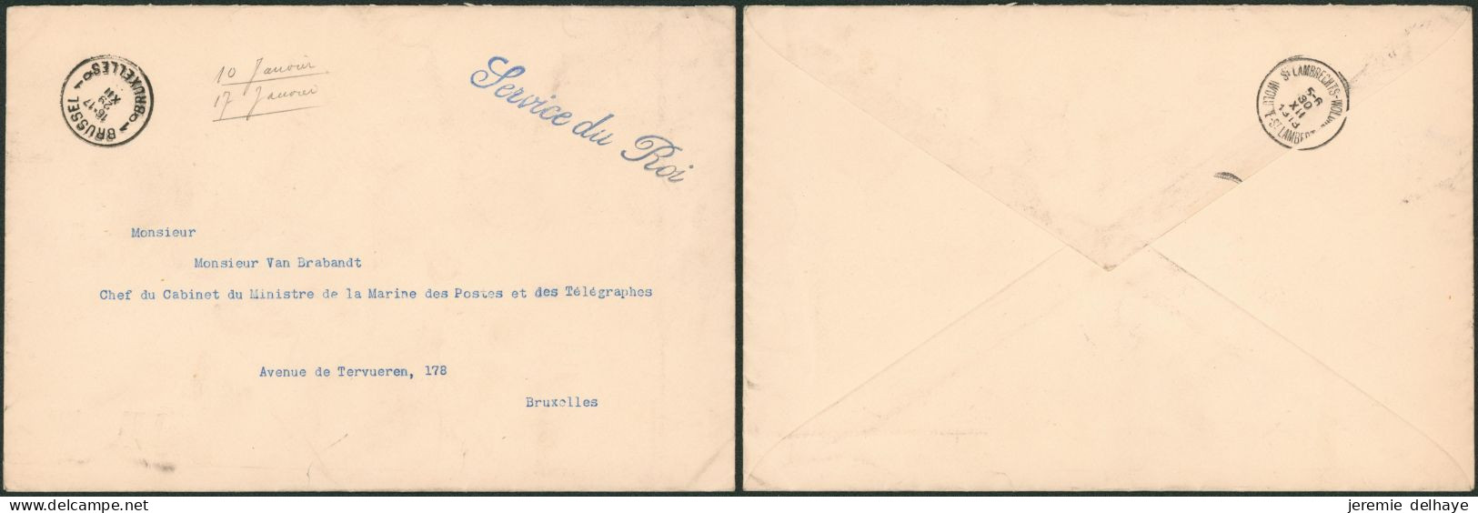 Lettre En Franchise "Service Du Roi" (1929) > Van Brabandt, Chef Du Cabinet De La Marine, Postes Et Télégraphes (Bruxell - Franchise