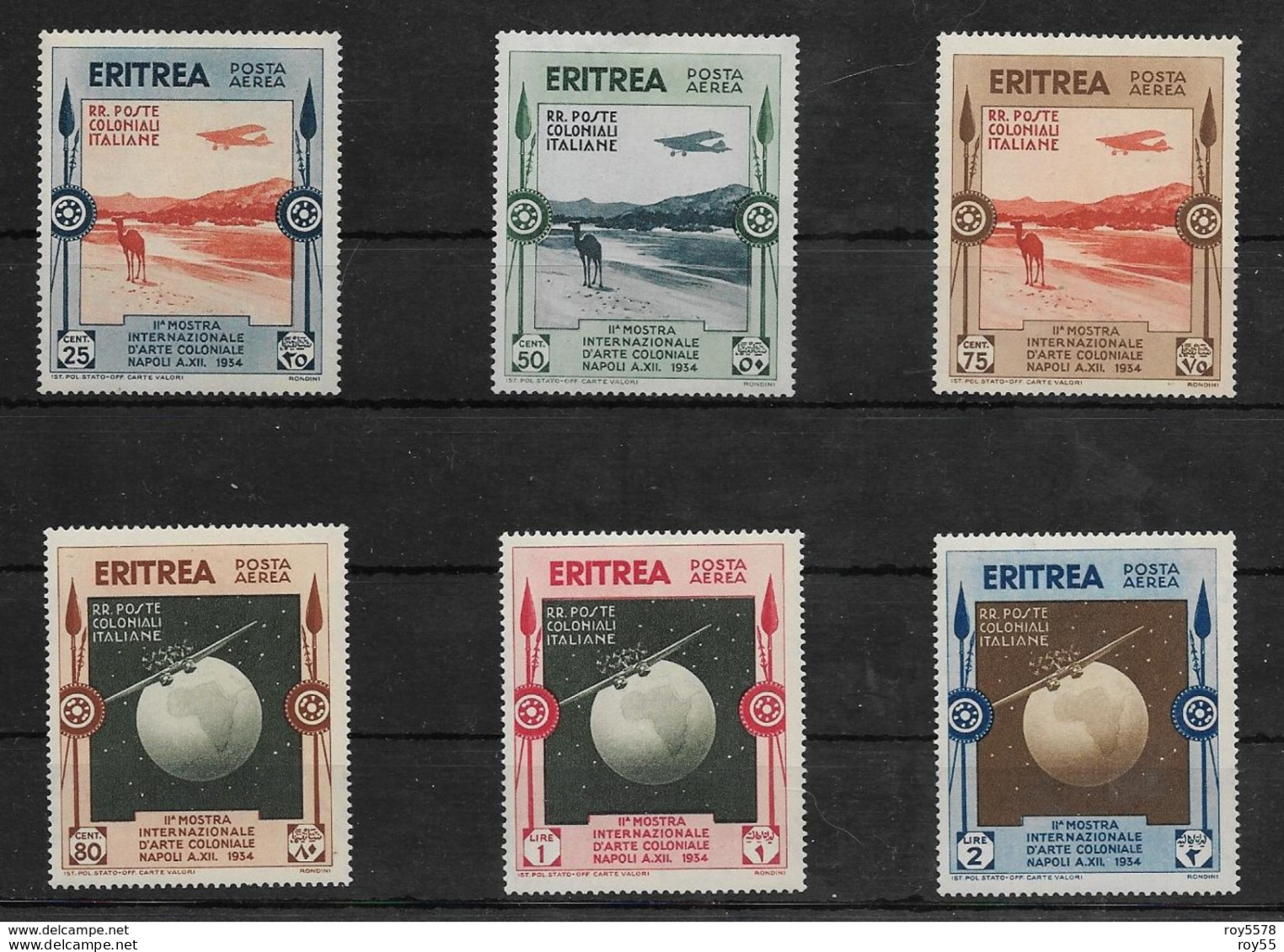 Eritrea 1934 Posta Aerea Serie Completa Francobolli Mostra D'arte (s.47 Sassone 6 Valori Lievi Tracce Linguella ) - Erythrée