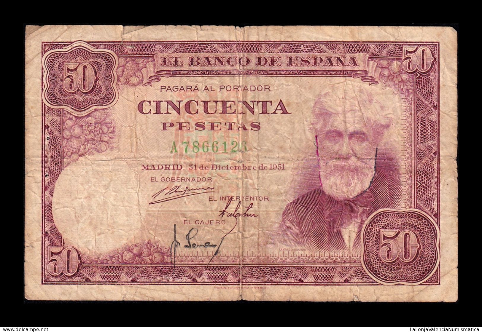 España Spain 50 Pesetas Santiago Rusiñol 1951 Pick 141 Serie A Bc F - 50 Pesetas