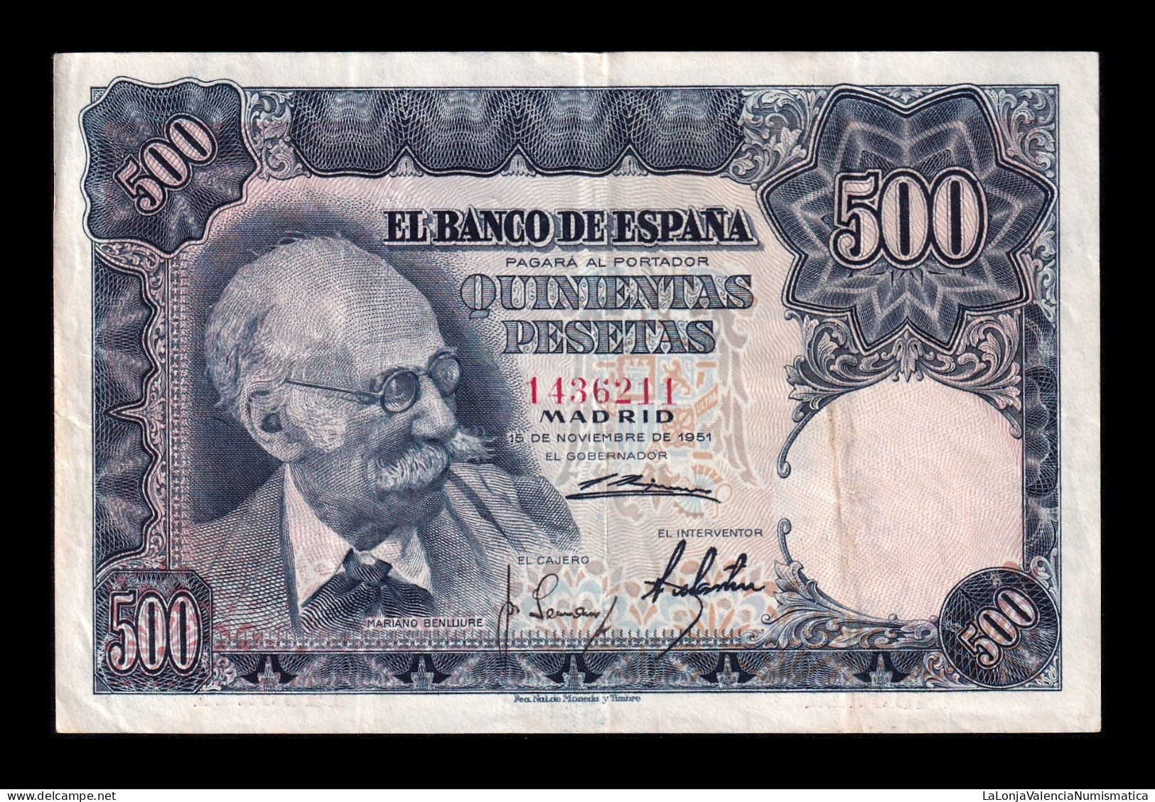 España Spain 500 Pesetas Mariano Benlliure 1951 Pick 142 Sin Serie Mbc+/Ebc Vf+/Xf - 500 Pesetas