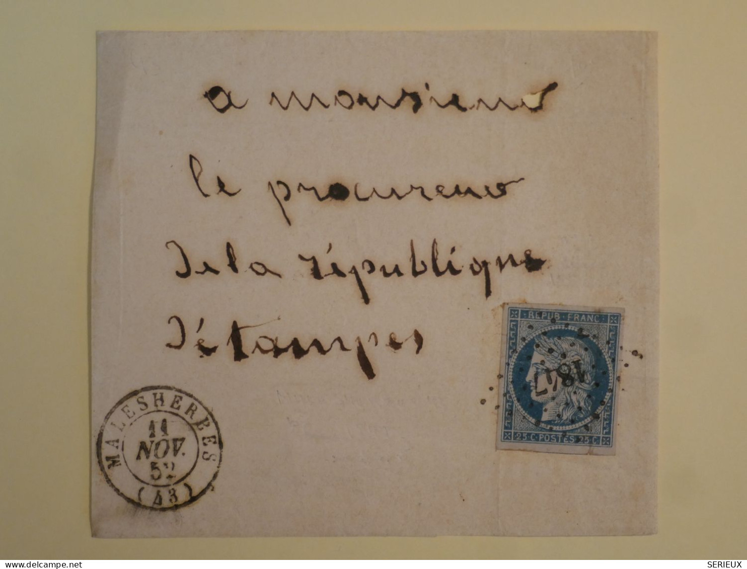 BX11 FRANCE   LETTRE DEVANT  1852 MALHESERBES AU PROCUREUR DE LA REPUBLIQUE + +N°4 PETIT CHIFFR  +AFF. INTERESSANT +++ - 1849-1850 Cérès