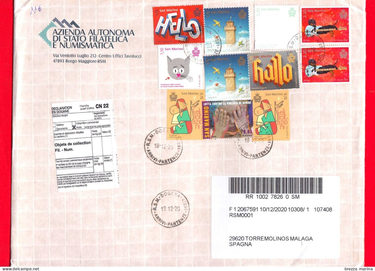 SAN MARINO - Storia Postale - Busta Del 2020 - ( 2020 - Cane, 2.20 - Stella Alpina, 2.20 - Hallo. 1.20 ... ) - Covers & Documents