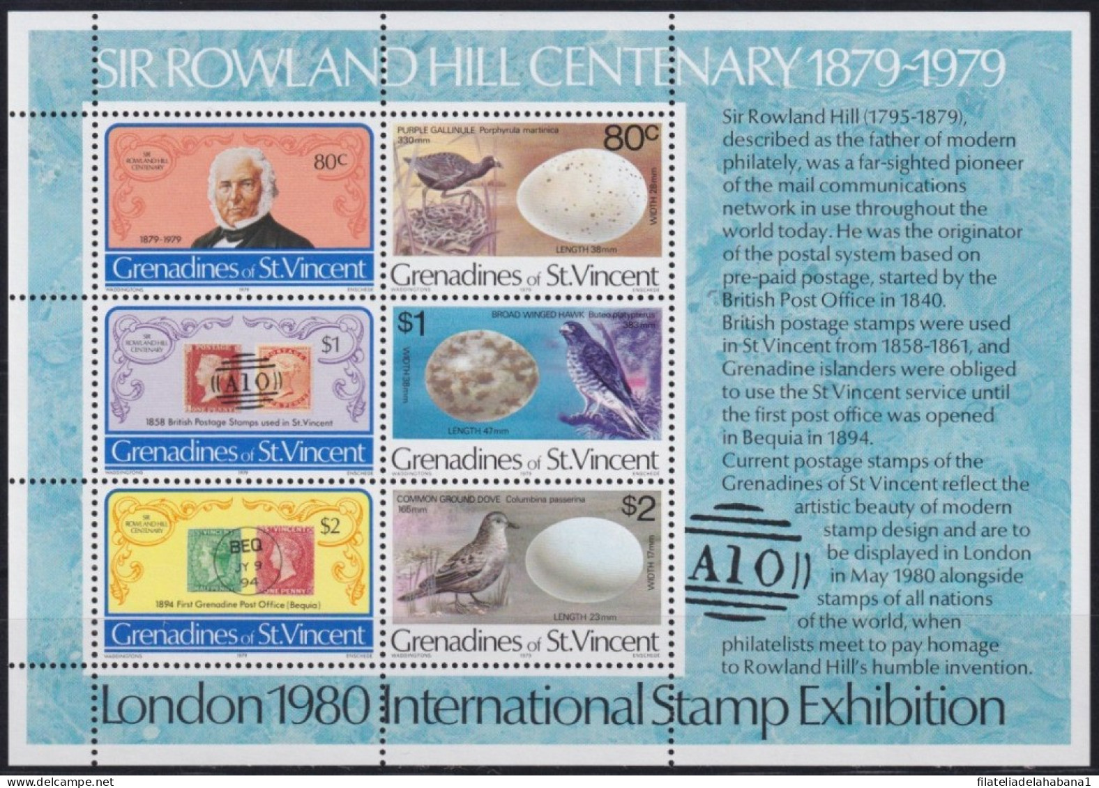 F-EX41915 GRENADINES & ST VINCENT MNH 1979 ROWLAND HILL CENTENARY EGG BIRD.  - Rowland Hill