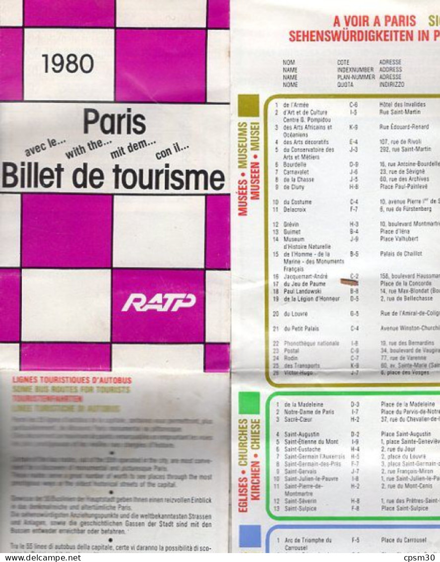 Cartes Routière, Plan De Métro PARIS, Billet De Tourisme, Général Et Centre, édition RATP 1980 - Europa