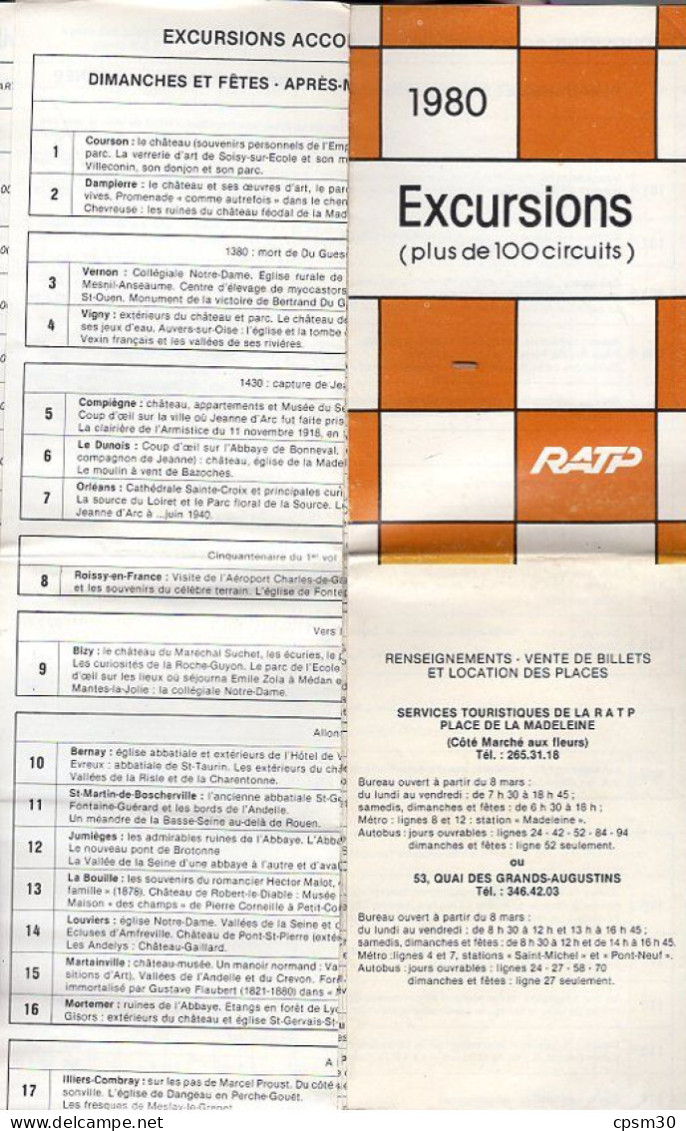 Cartes Routière, Plan De Métro PARIS, Excursions, Général Et Centre, édition RATP 1980 - Europa