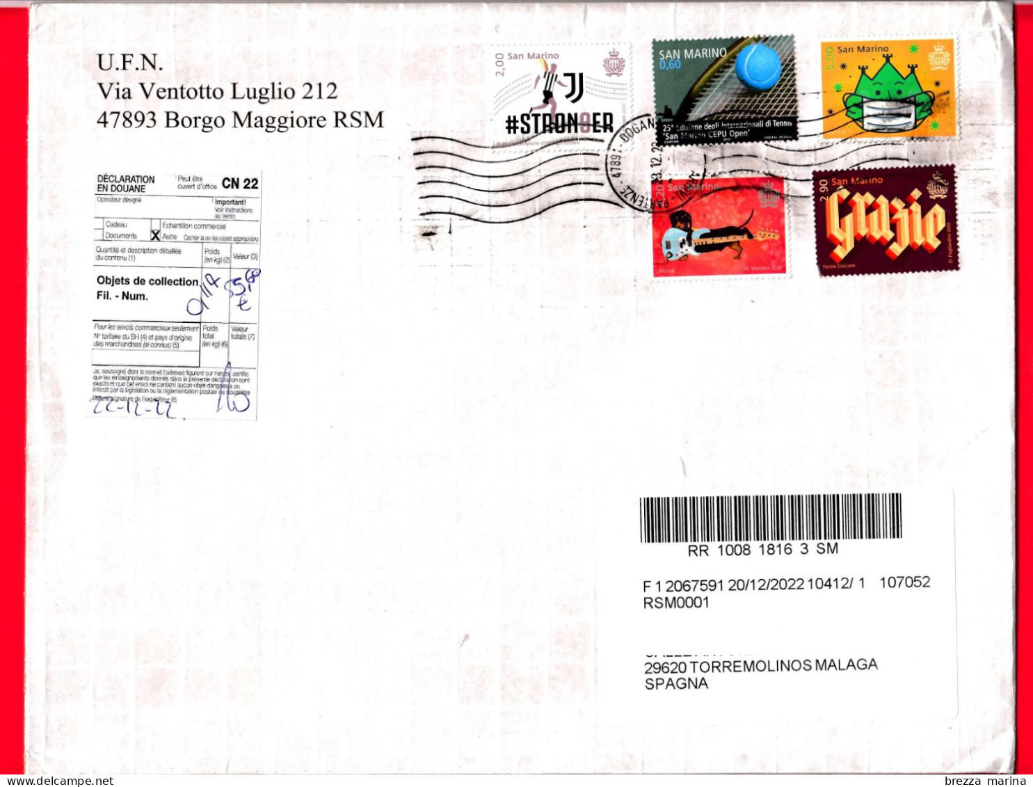 SAN MARINO - Storia Postale - Busta Del 2022 - ( 2020 - Juventus, 2.00 - 2020 - Sicurezza Sociale, 5.00  ... ) - Lettres & Documents