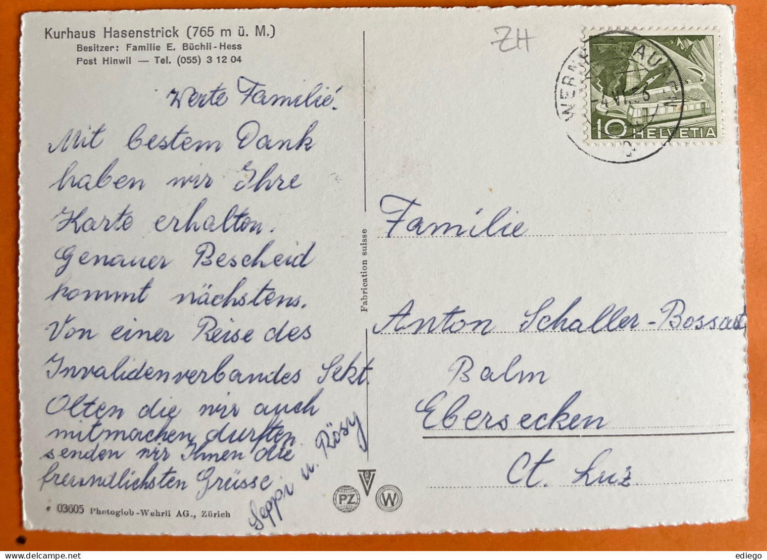 HINWIL - BACHTEL - KURHAUS HASENSTRICK 1956 - Hinwil