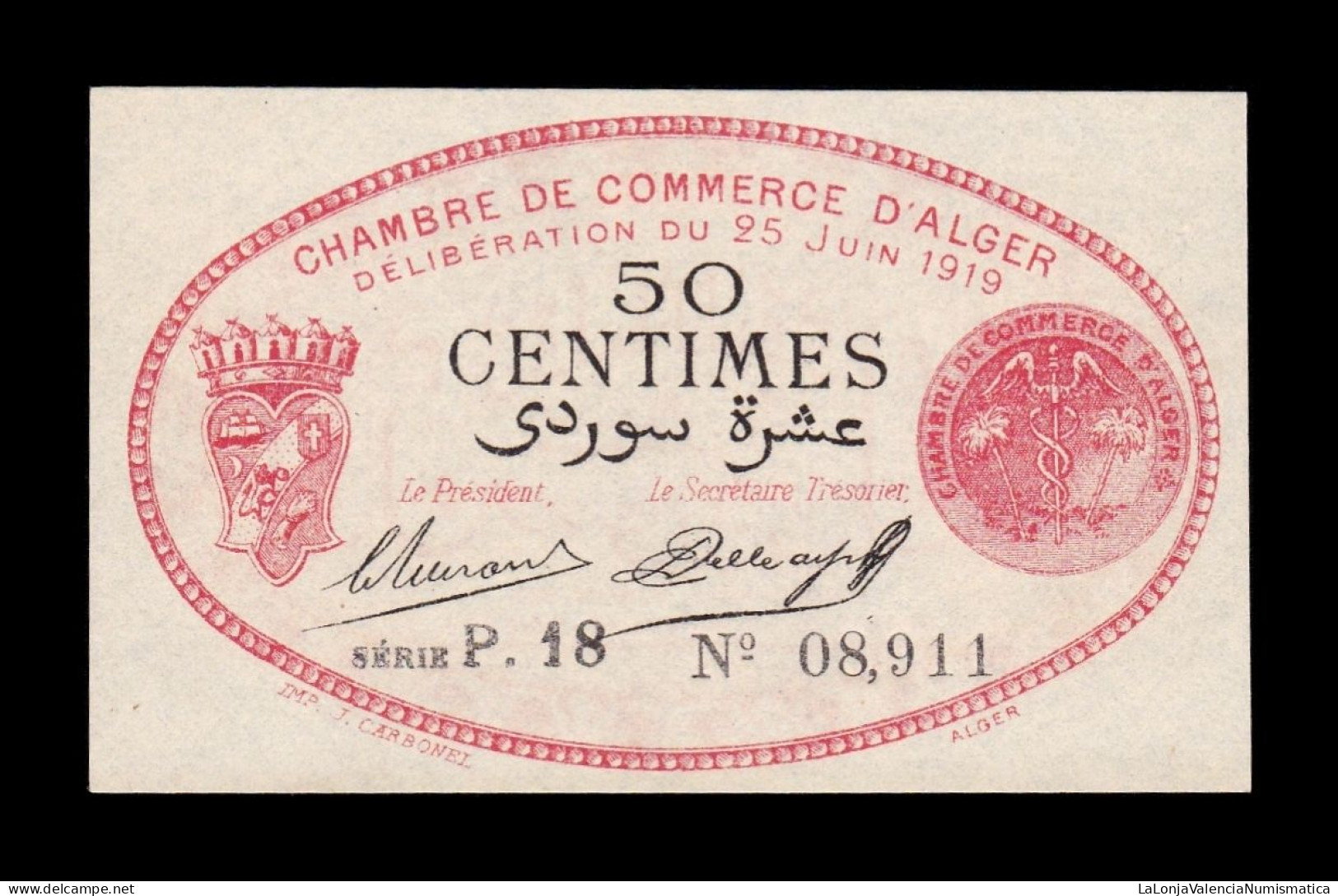 Argelia Algeria Argel Chambre De Commerce 50 Centimes 1919 Sc Unc - Algerien