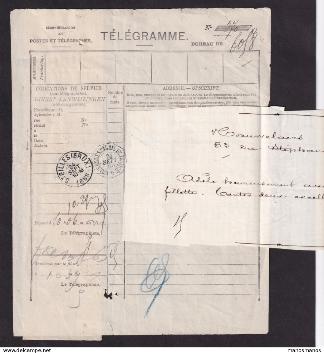 402/37 -- Télégramme De ST GILLES 1888 à LAEKEN Via Bureau Télégraphique BXL Palais De Justice - Affranchi 50 Centimes - Télégrammes