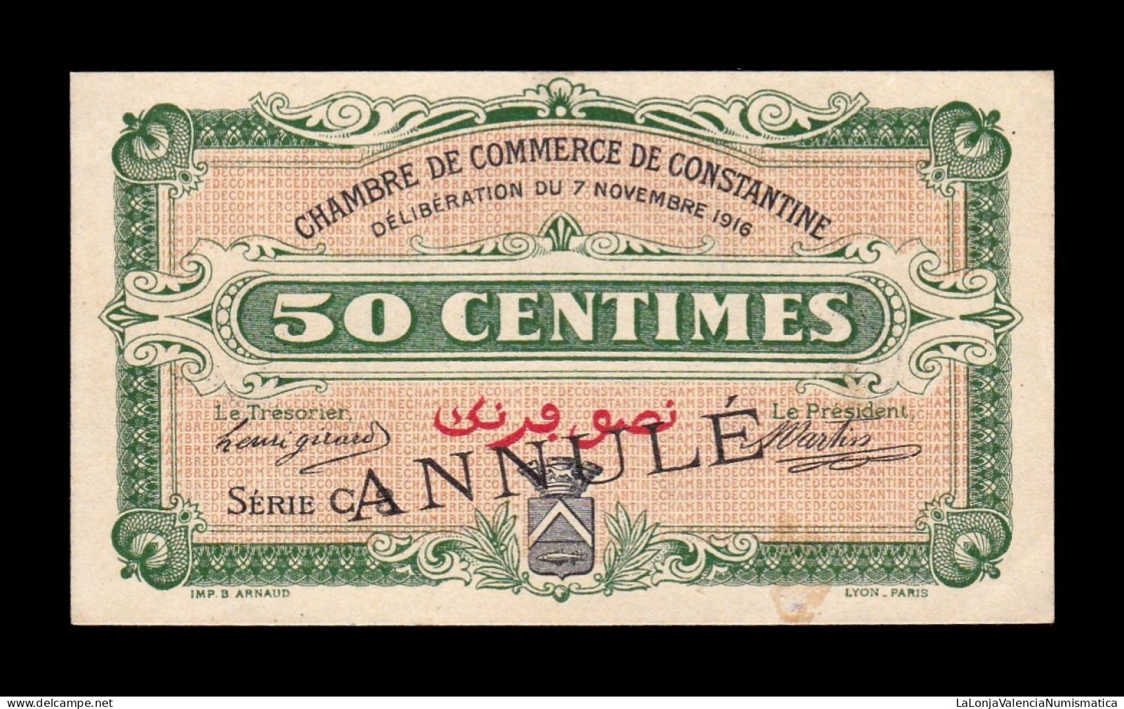 Argelia Algeria Constantine Chambre De Commerce 50 Centimes 1916 Anulado Sc- AUnc - Algeria