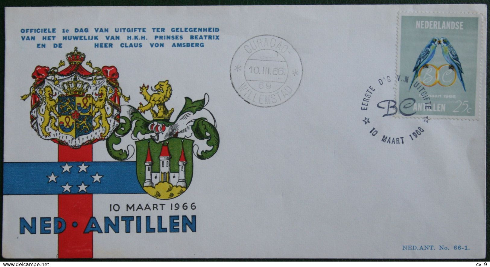 FDC 1966 Huwelijkzegel Birds Vogel Claus + Beatrix NVPH E41 370 NEDERLANDSE ANTILLEN  NETHERLANDS ANTILLES - Curaçao, Nederlandse Antillen, Aruba