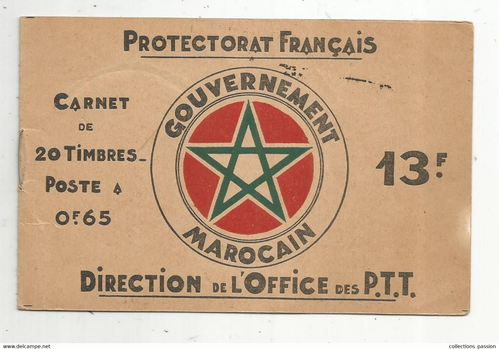 Couverture D'un Carnet De 20 Timbres Poste à 0.65, SANS TIMBRE, Protectorat Français ,gouvernement Marocain - Altri & Non Classificati