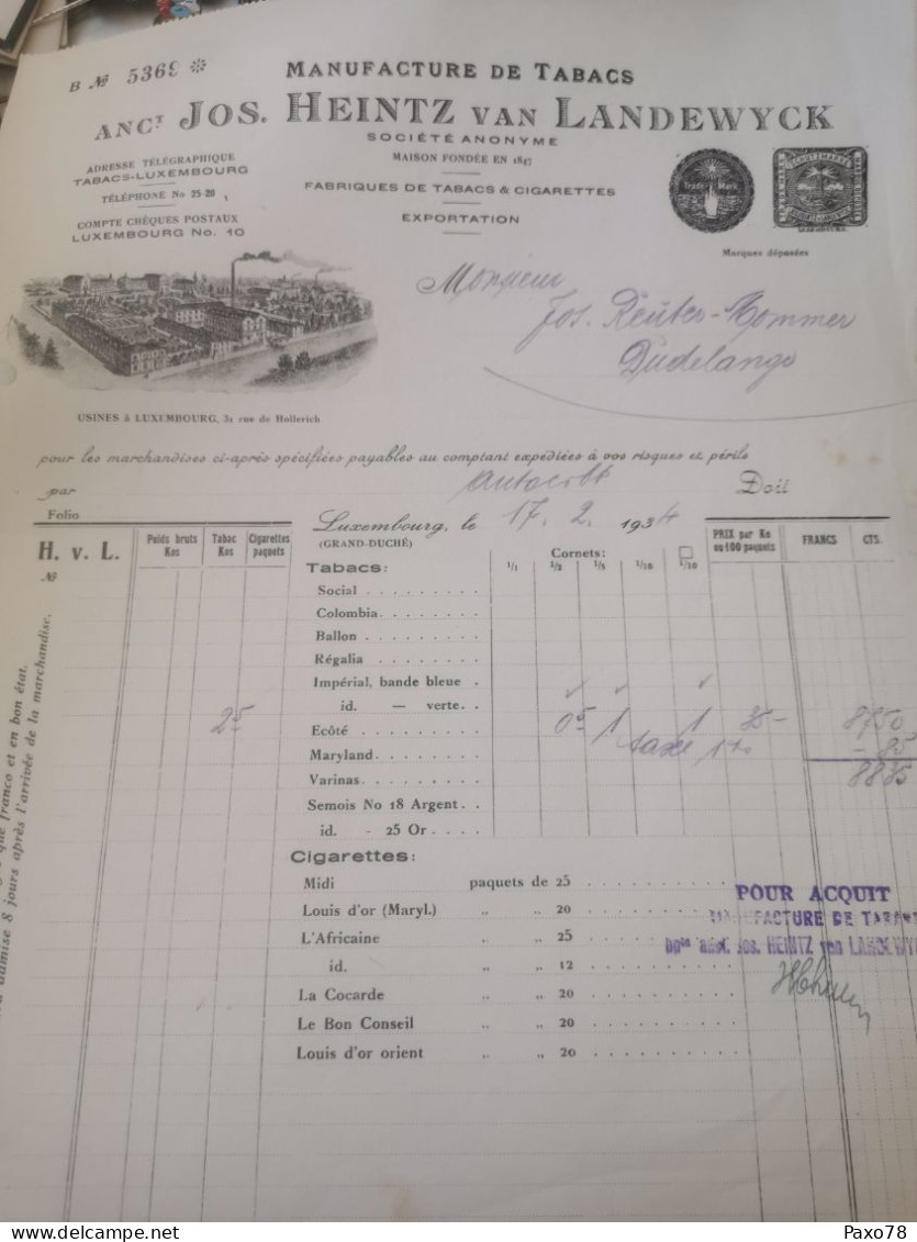 Luxembourg Facture, Tabacs Heintz Van Landewyck 1934 - Luxembourg