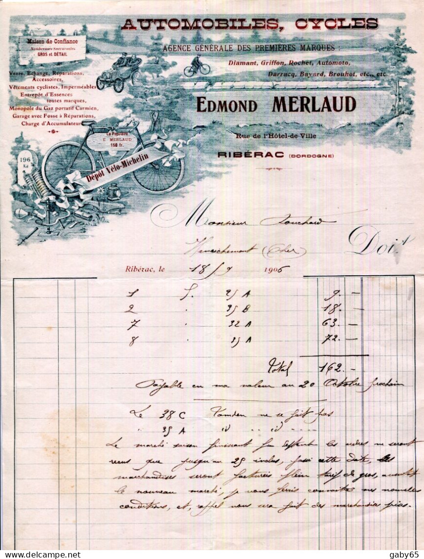 FACTURE.24.DORDOGNE.RIBERAC.AUTOMOBILES.CYCLES.E.MERLAUD RUE DE L'HOTEL DE VILLE.AGENT DIAMANT,GRIFFON,ROCHET,AUTOMOTO. - Automobile