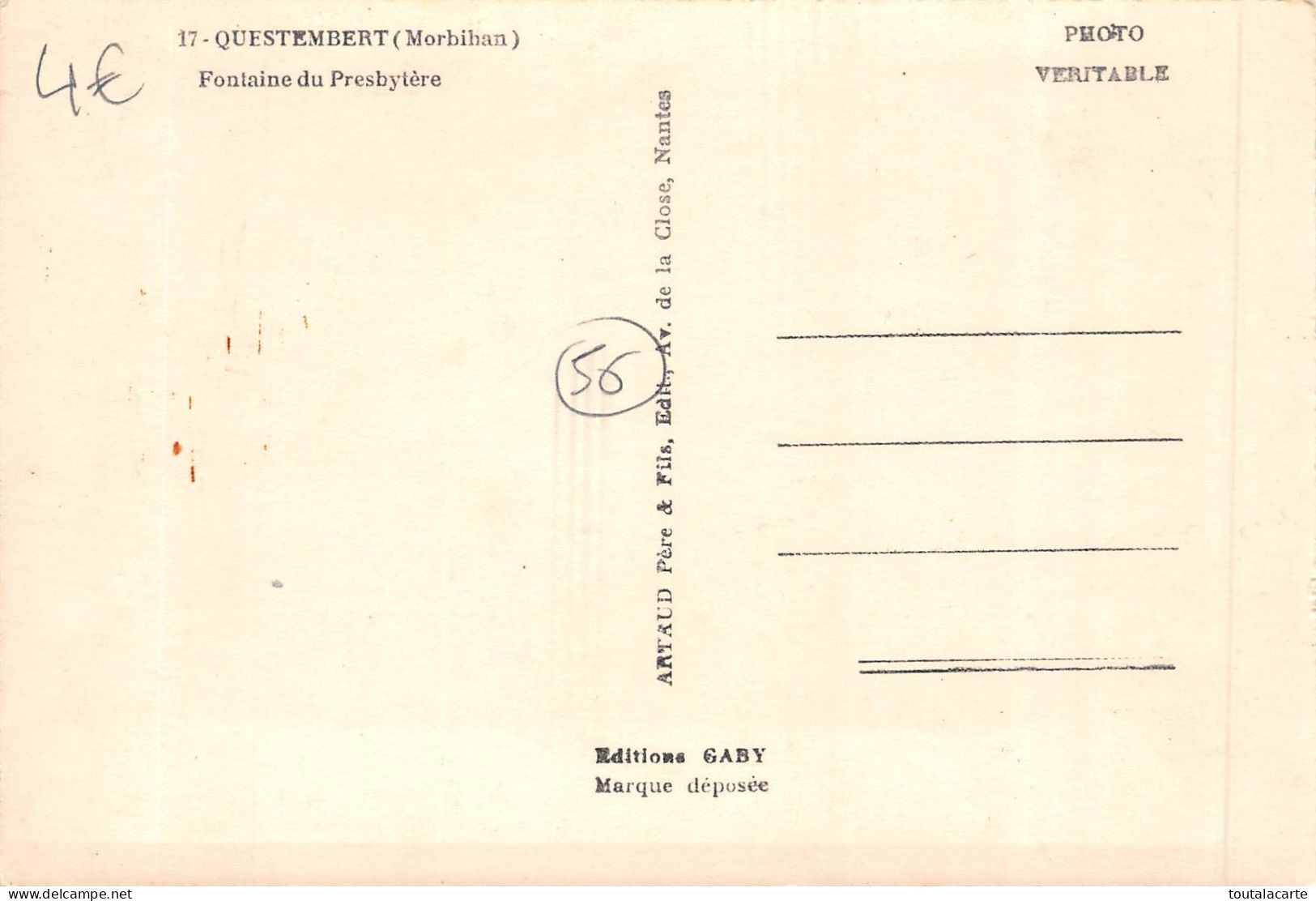 CPSM 56 QU'ESTEMBERT FONTAINE DU PRESBYTERE    Grand Format 15 X 10,5 Cm - Questembert