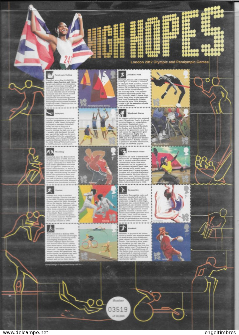 GB London 2012 OLYMPIC Smilers Sheet - "HIGH HOPES "   - See Scan - Unused Stamps