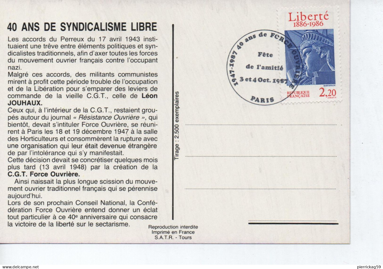 CPM QUARANTE ANS DE SYNDICALISME LIBRE 1947 1987 - Syndicats