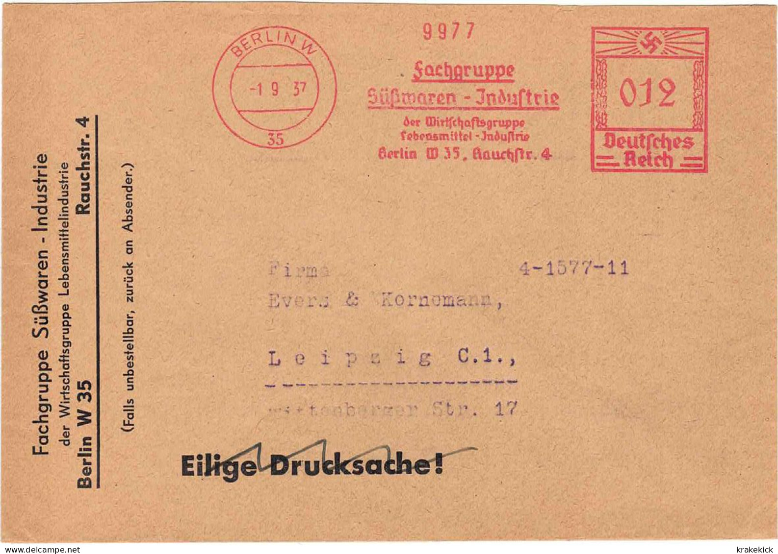 Deutsches Reich, 1937, AFST, Brief Lettre Cover, Red Meter, EMA, Süsswaren-Industrie - Alimentation